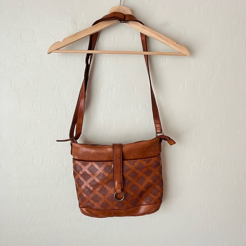 Vilenca Holland Perforated Leather Pattern Crossbody Tote Bag Tan